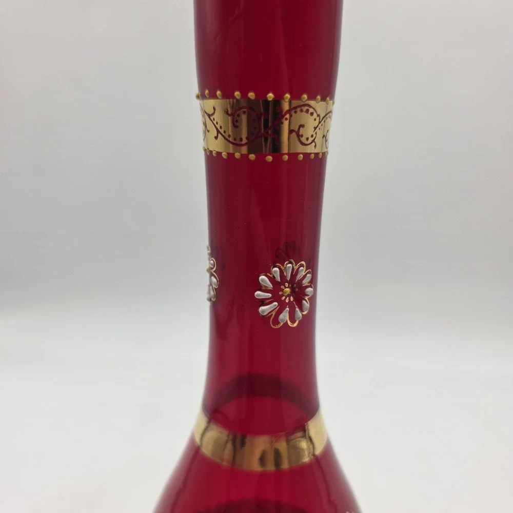 Vintage Ruby Red Glass Bud Vase Gold Enamel Floral Bohemian Style‎ 8in